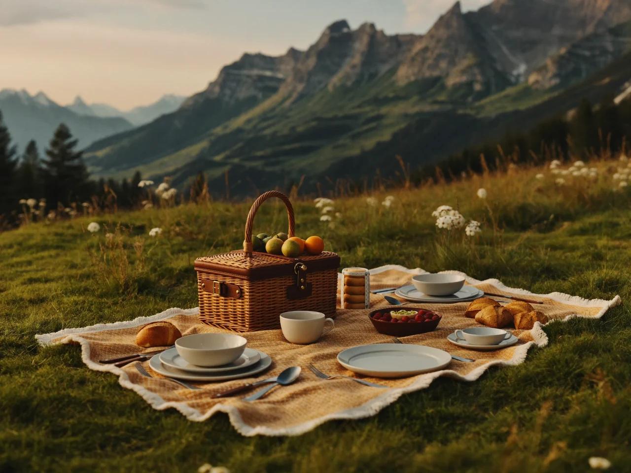 Pique-nique dressé sur une prairie alpine à la lumière dorée, montagnes floues au loin