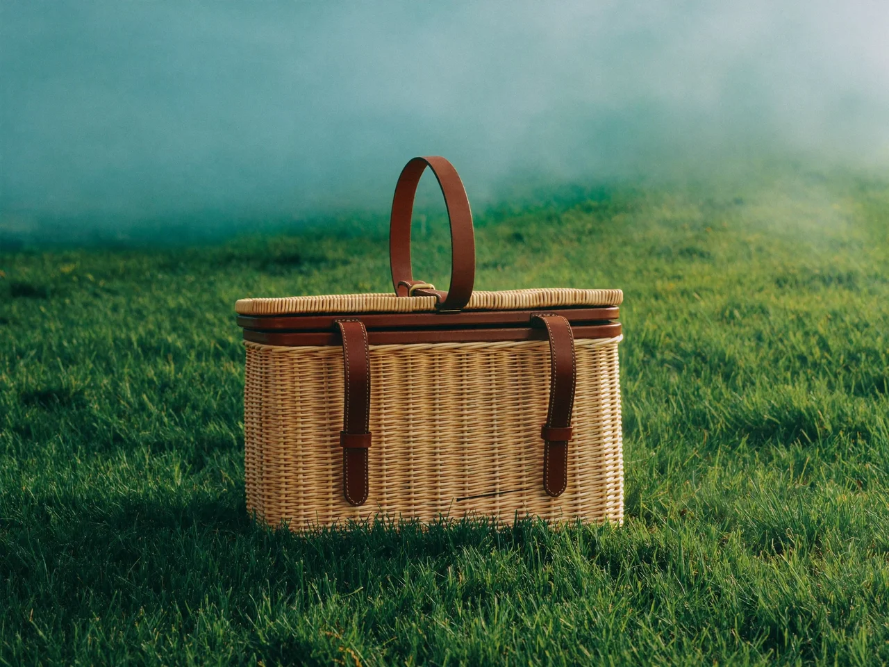 Panier en osier à sangles de cuir, couvercle entrouvert, posé sur l'herbe