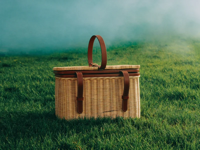 Panier en osier à sangles de cuir, couvercle entrouvert, posé sur l'herbe