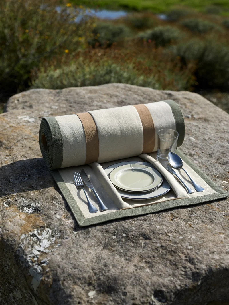 Assiettes émaillées, couverts en inox et verres déployés dans un rouleau de toile